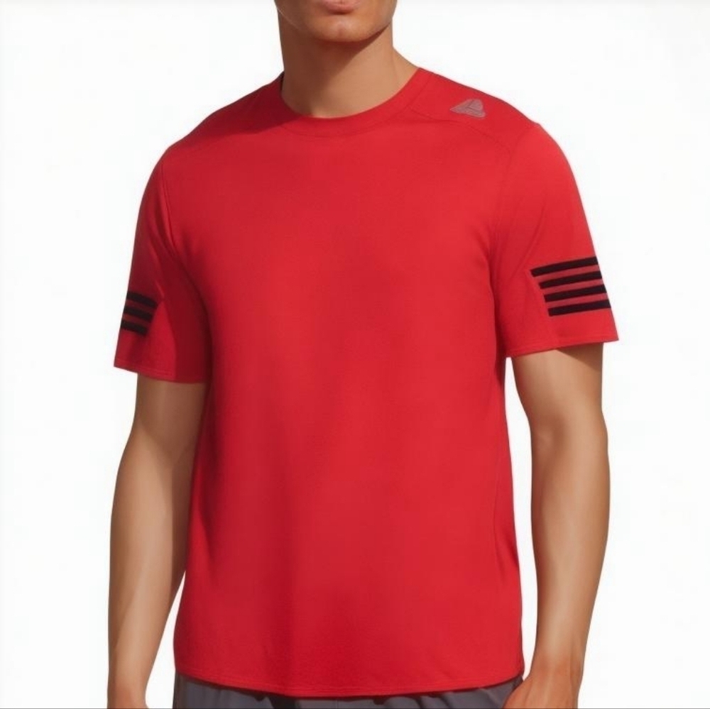 Adidas Red Performance Tee Black 3-Stripe Sleeve Athletic Shirt Men’s Size M